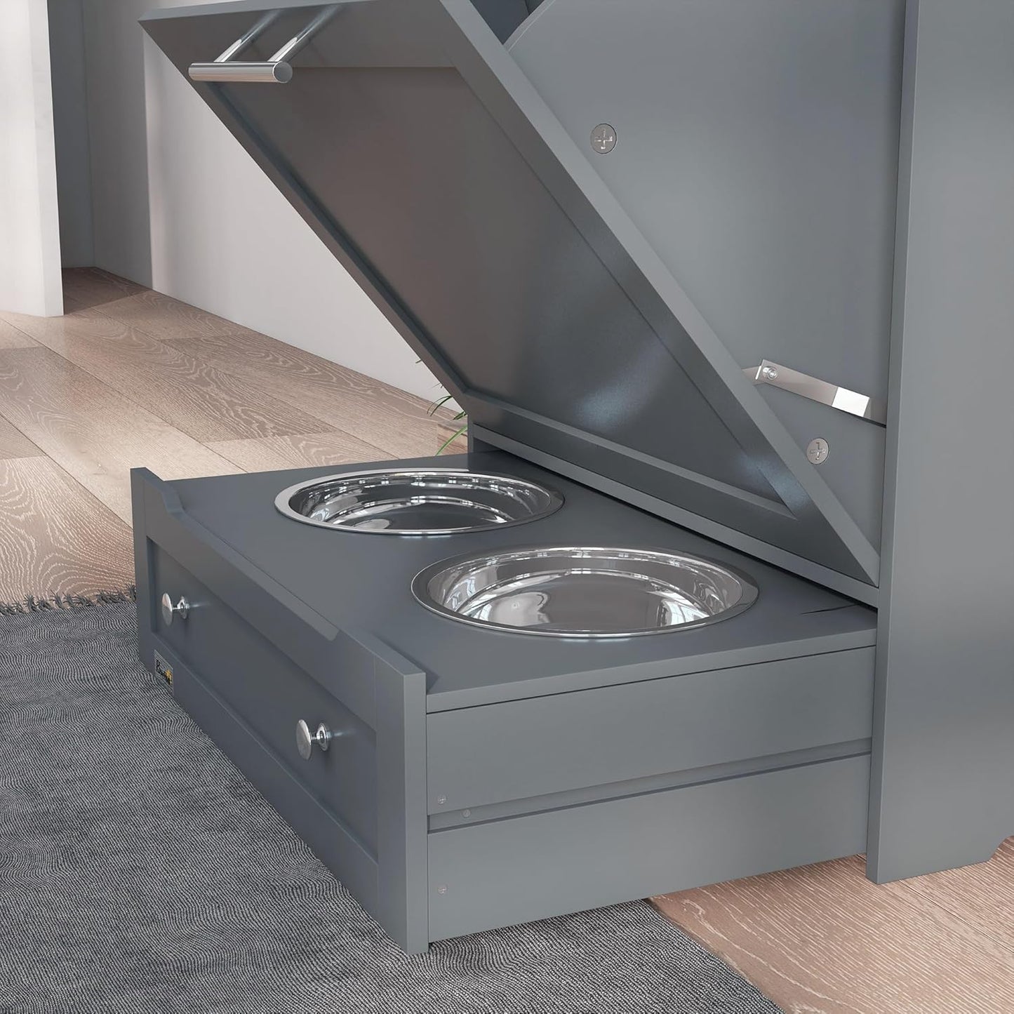 Dog Feeding Station with Storage Cabinet, Elevated Bowls, and Hanger for Food and Water Supplies - Gray