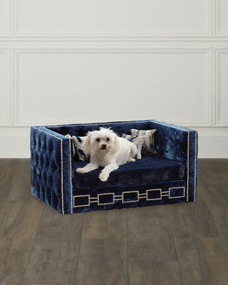 Haute House Kailey trundle pet bed in sapphire velvet — Courtesy of Haute House for Neiman Marcus