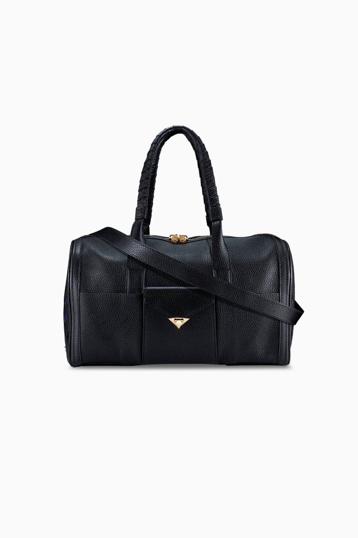 Tyler Ellis Josh pet carrier in black pebbled leather, front view with the shoulder strap attached. photograph: Tyler Ellis