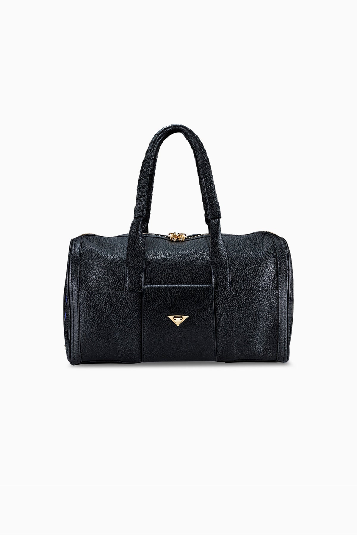 Tyler Ellis Josh pet carrier in black pebbled leather, front view with the two handles and gold-tone pocket closure. photograph: Tyler Ellis